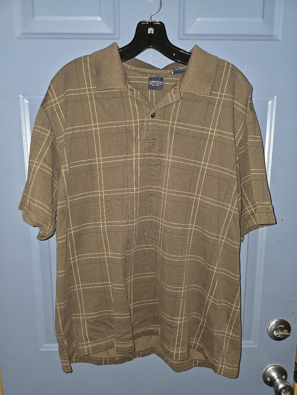 Arrow Mens Large Brown Plaid Short-Sleeve Polo Shirt